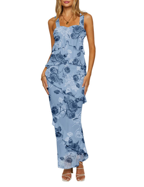 Blue Flower Print Tiered Ruffled Tank Top and Maxi Skirt Set