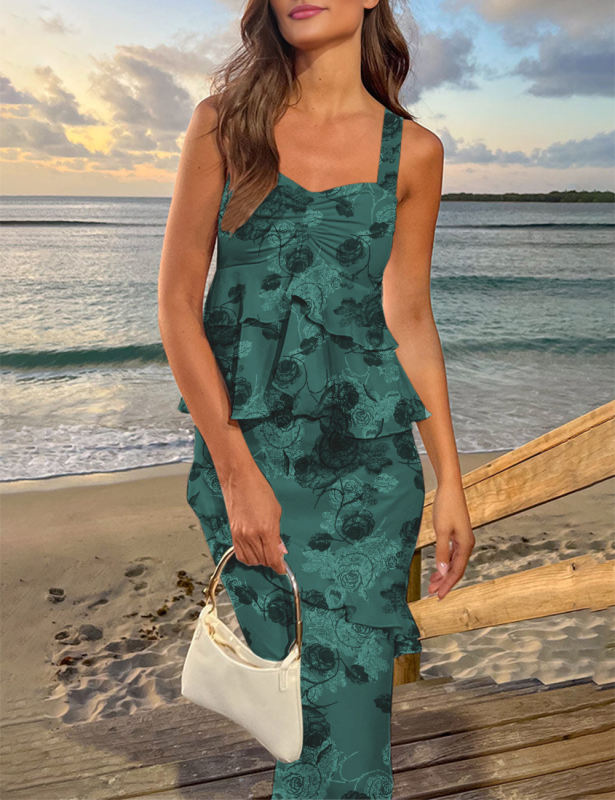 Green Flower Print Tiered Ruffled Tank Top and Maxi Skirt Set