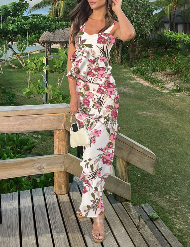 White Floral Print Tiered Ruffled Tank Top and Maxi Skirt Set