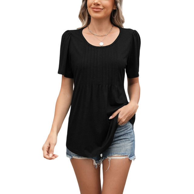 Black Pleated Detail Loose Fit Short Sleeve Tees