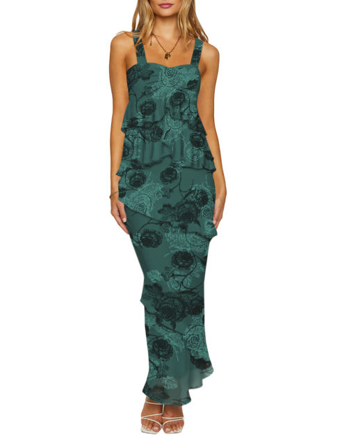 Green Flower Print Tiered Ruffled Tank Top and Maxi Skirt Set