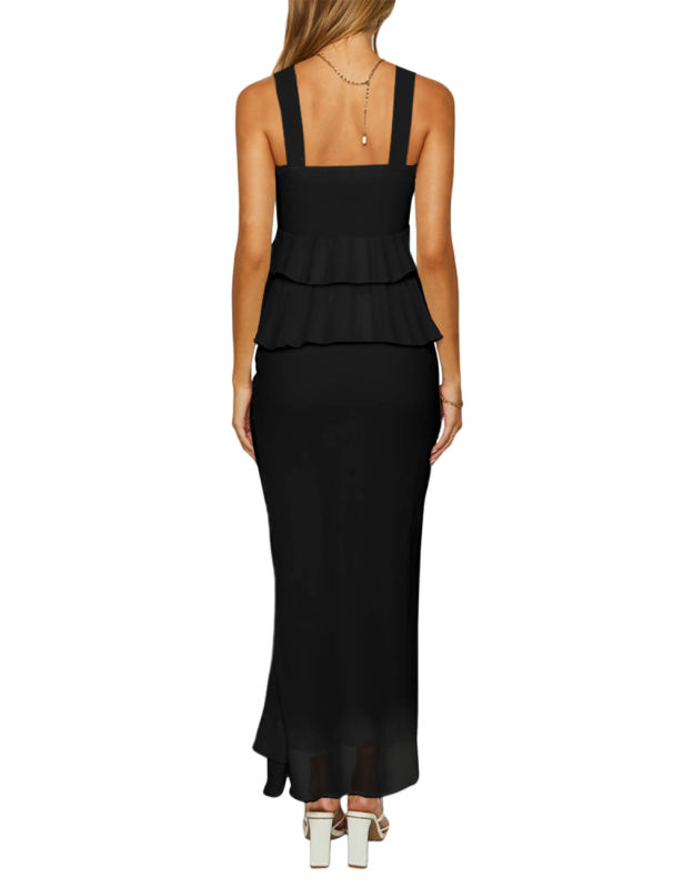 Black Solid Tiered Ruffled Tank Top and Maxi Skirt Set