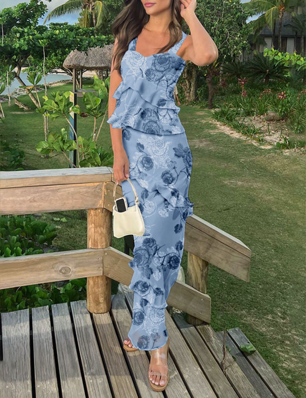 Blue Flower Print Tiered Ruffled Tank Top and Maxi Skirt Set