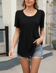 Black Pleated Detail Loose Fit Short Sleeve Tees