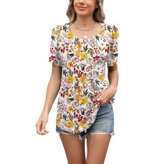 Yellow Floral Print Pleated Bust Loose Fit Short Sleeve Tees