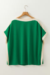 Green Oversized Color Block Boat Neck Tunic Blouse