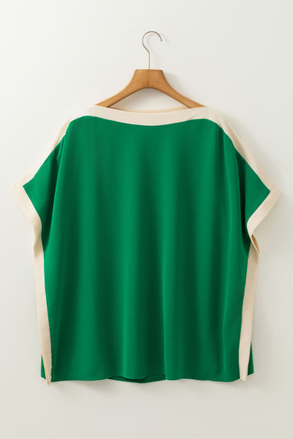 Green Oversized Color Block Boat Neck Tunic Blouse
