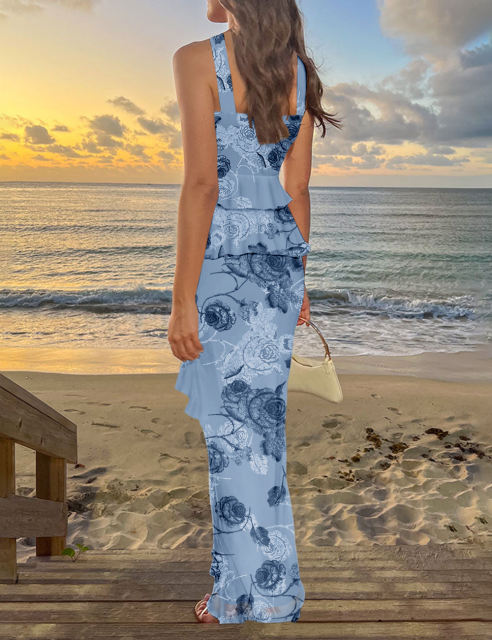 Blue Flower Print Tiered Ruffled Tank Top and Maxi Skirt Set