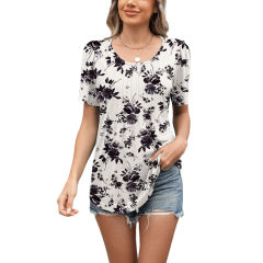 Black Floral Print Pleated Bust Loose Fit Short Sleeve Tees