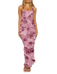 Pink Flower Print Tiered Ruffled Tank Top and Maxi Skirt Set