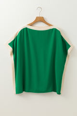 Green Oversized Color Block Boat Neck Tunic Blouse