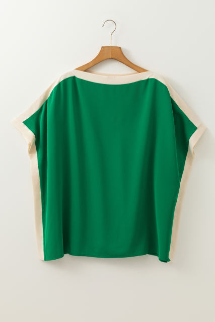 Green Oversized Color Block Boat Neck Tunic Blouse