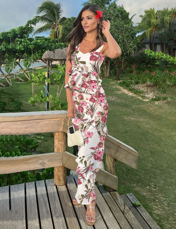 White Floral Print Tiered Ruffled Tank Top and Maxi Skirt Set