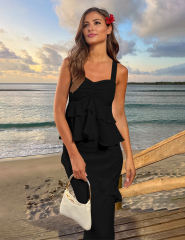 Black Solid Tiered Ruffled Tank Top and Maxi Skirt Set