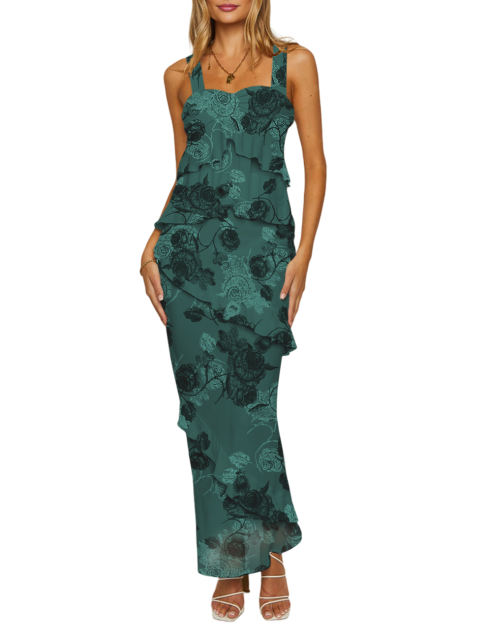 Green Flower Print Tiered Ruffled Tank Top and Maxi Skirt Set