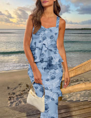 Blue Flower Print Tiered Ruffled Tank Top and Maxi Skirt Set