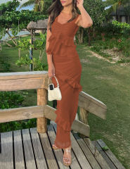 Caramel Solid Tiered Ruffled Tank Top and Maxi Skirt Set