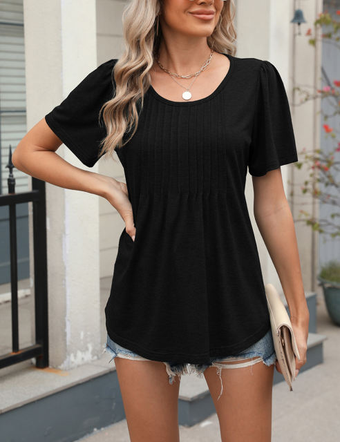Black Pleated Detail Loose Fit Short Sleeve Tees
