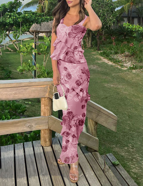 Pink Flower Print Tiered Ruffled Tank Top and Maxi Skirt Set