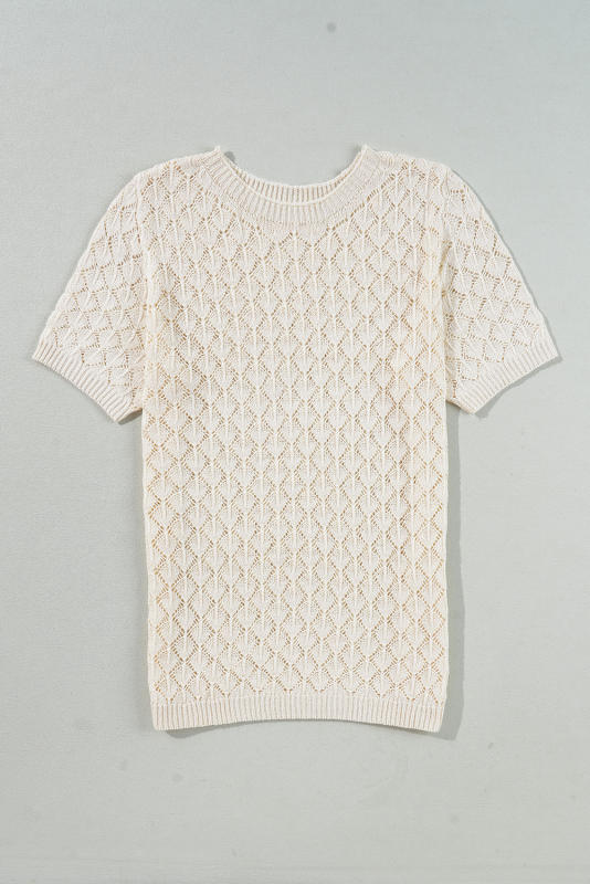 Beige Hollow Out Crochet O Neck Short Sleeve Sweater Tee