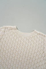 Beige Hollow Out Crochet O Neck Short Sleeve Sweater Tee