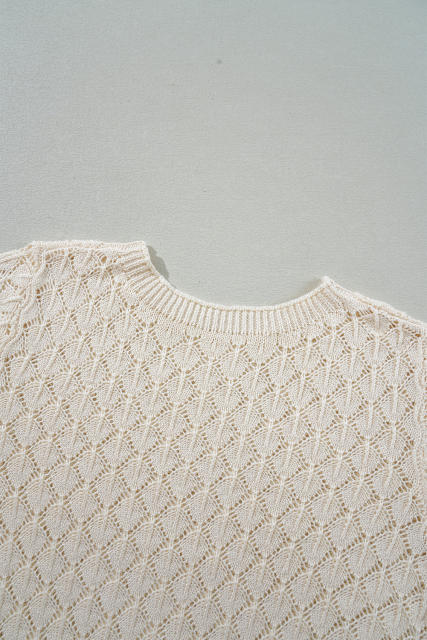 Beige Hollow Out Crochet O Neck Short Sleeve Sweater Tee
