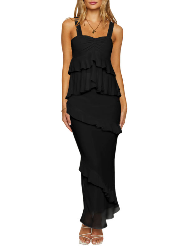 Black Solid Tiered Ruffled Tank Top and Maxi Skirt Set