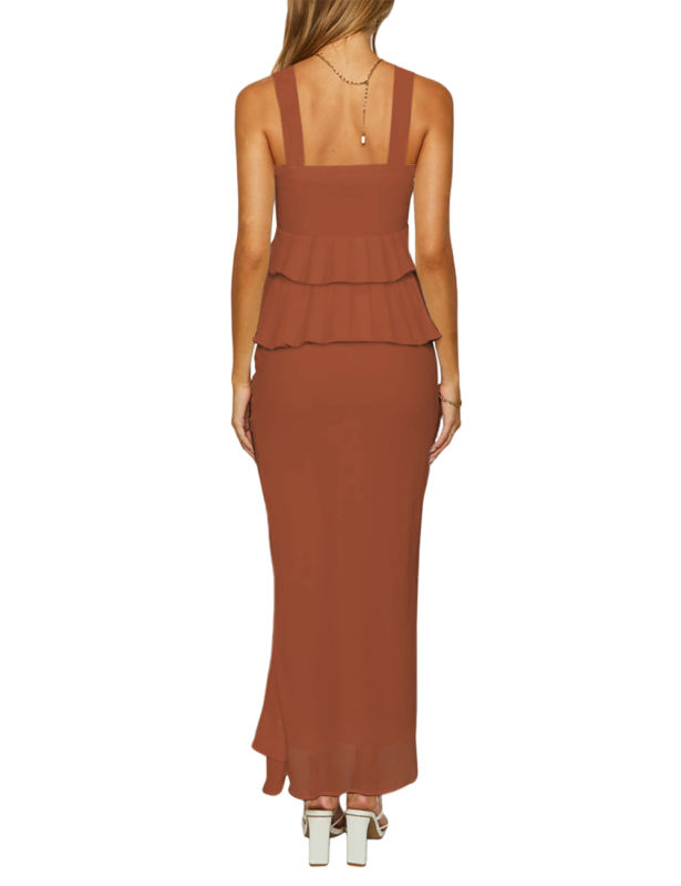 Caramel Solid Tiered Ruffled Tank Top and Maxi Skirt Set