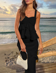 Black Solid Tiered Ruffled Tank Top and Maxi Skirt Set