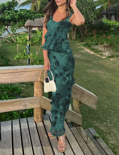 Green Flower Print Tiered Ruffled Tank Top and Maxi Skirt Set