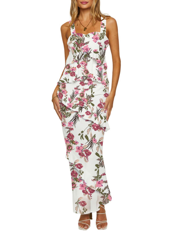 White Floral Print Tiered Ruffled Tank Top and Maxi Skirt Set