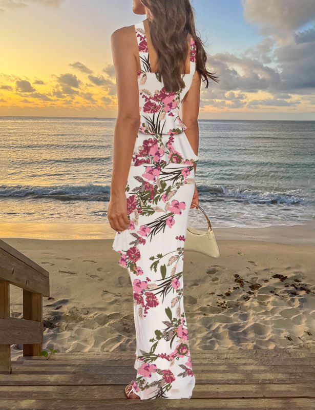 White Floral Print Tiered Ruffled Tank Top and Maxi Skirt Set