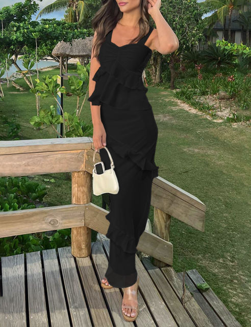 Black Solid Tiered Ruffled Tank Top and Maxi Skirt Set