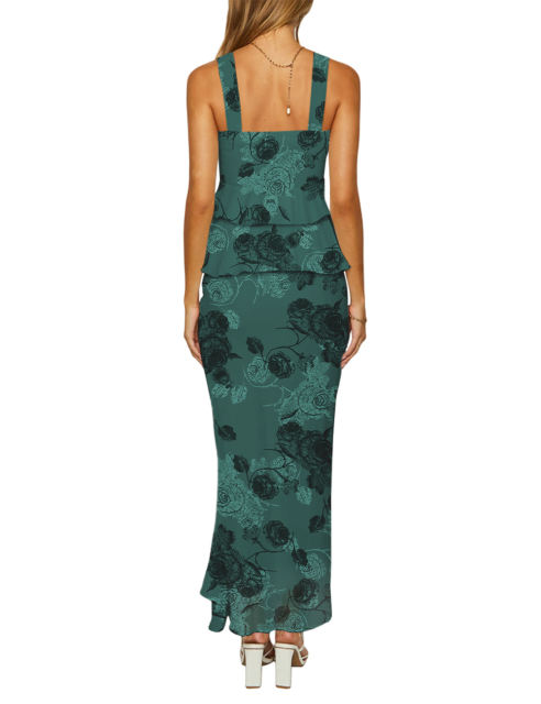 Green Flower Print Tiered Ruffled Tank Top and Maxi Skirt Set