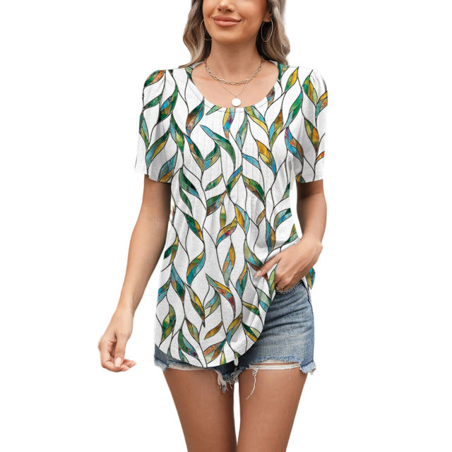 Leaf Print Pleated Bust Loose Fit Short Sleeve Tees