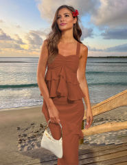 Caramel Solid Tiered Ruffled Tank Top and Maxi Skirt Set