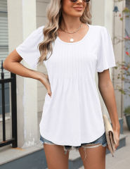 White Pleated Detail Loose Fit Short Sleeve Tees