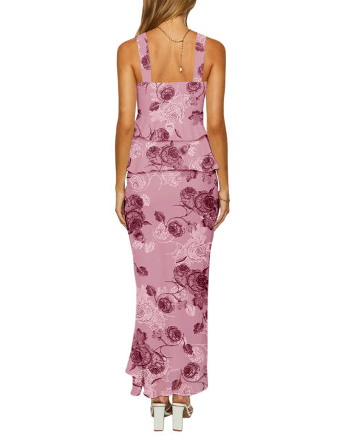 Pink Flower Print Tiered Ruffled Tank Top and Maxi Skirt Set