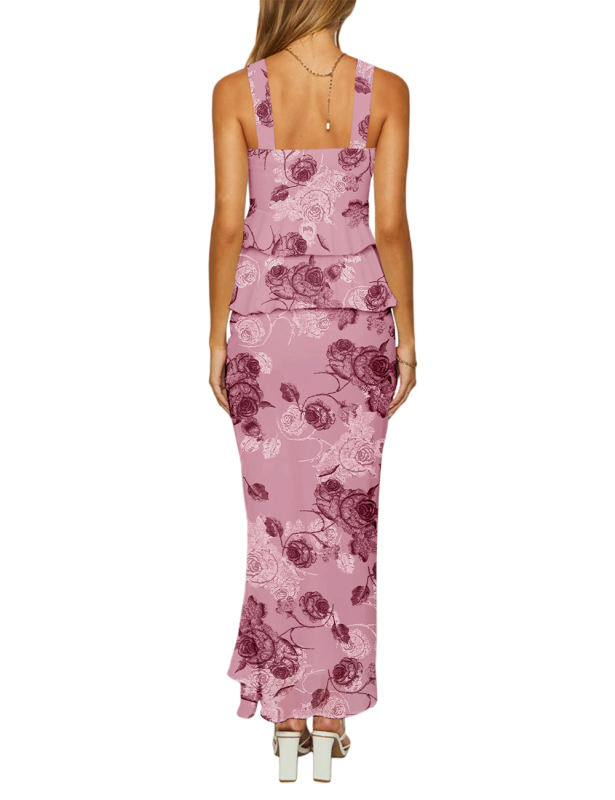 Pink Flower Print Tiered Ruffled Tank Top and Maxi Skirt Set