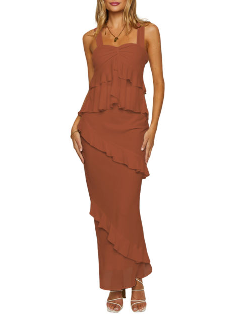 Caramel Solid Tiered Ruffled Tank Top and Maxi Skirt Set