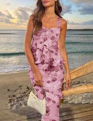 Pink Flower Print Tiered Ruffled Tank Top and Maxi Skirt Set
