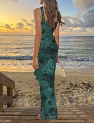 Green Flower Print Tiered Ruffled Tank Top and Maxi Skirt Set