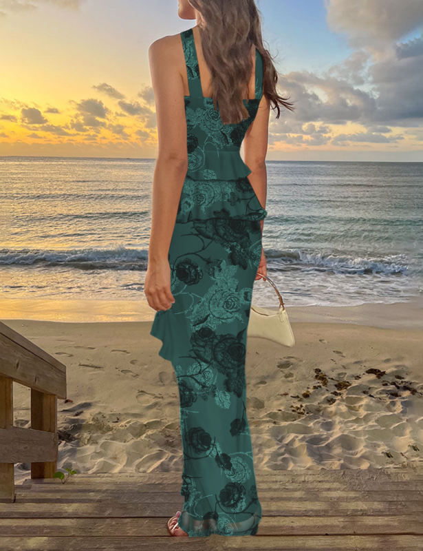 Green Flower Print Tiered Ruffled Tank Top and Maxi Skirt Set