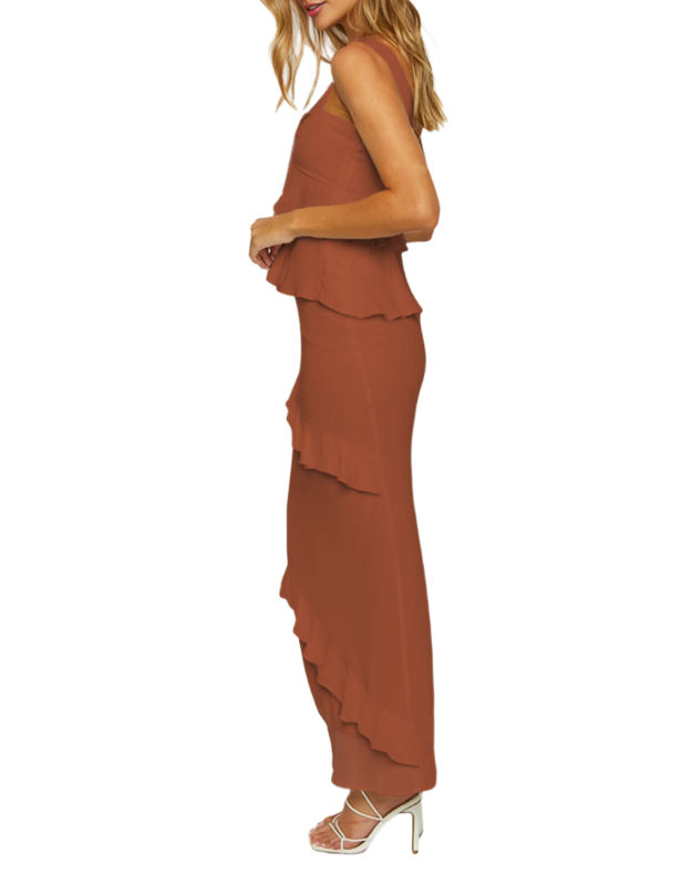 Caramel Solid Tiered Ruffled Tank Top and Maxi Skirt Set