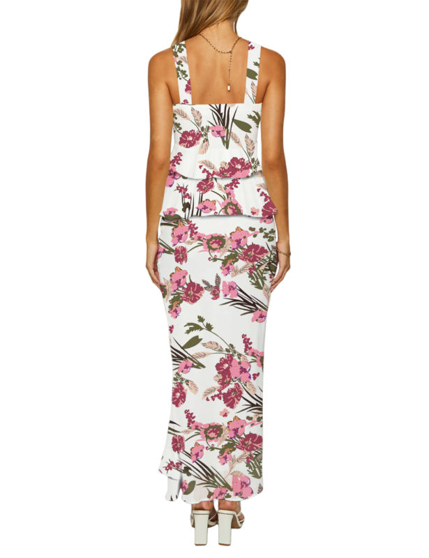 White Floral Print Tiered Ruffled Tank Top and Maxi Skirt Set