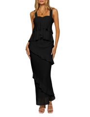Black Solid Tiered Ruffled Tank Top and Maxi Skirt Set