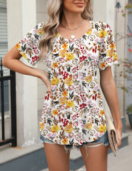 Yellow Floral Print Pleated Bust Loose Fit Short Sleeve Tees
