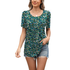 Green Floral Print Pleated Bust Loose Fit Short Sleeve Tees