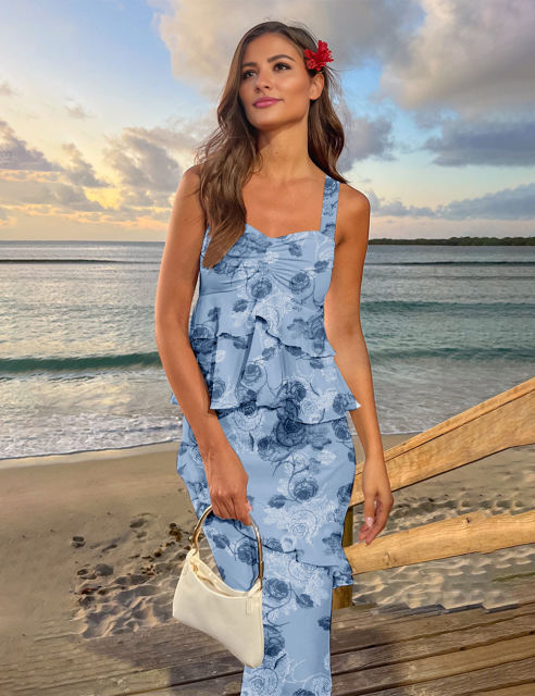 Blue Flower Print Tiered Ruffled Tank Top and Maxi Skirt Set