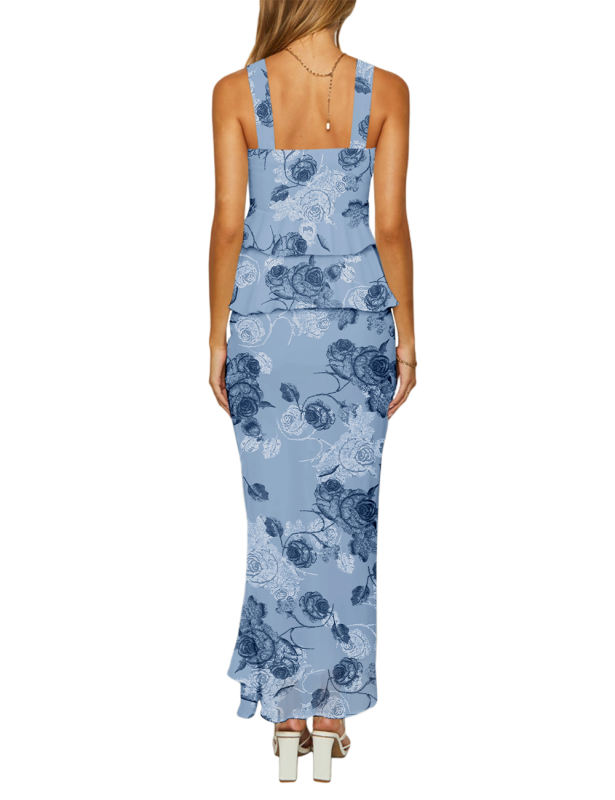Blue Flower Print Tiered Ruffled Tank Top and Maxi Skirt Set